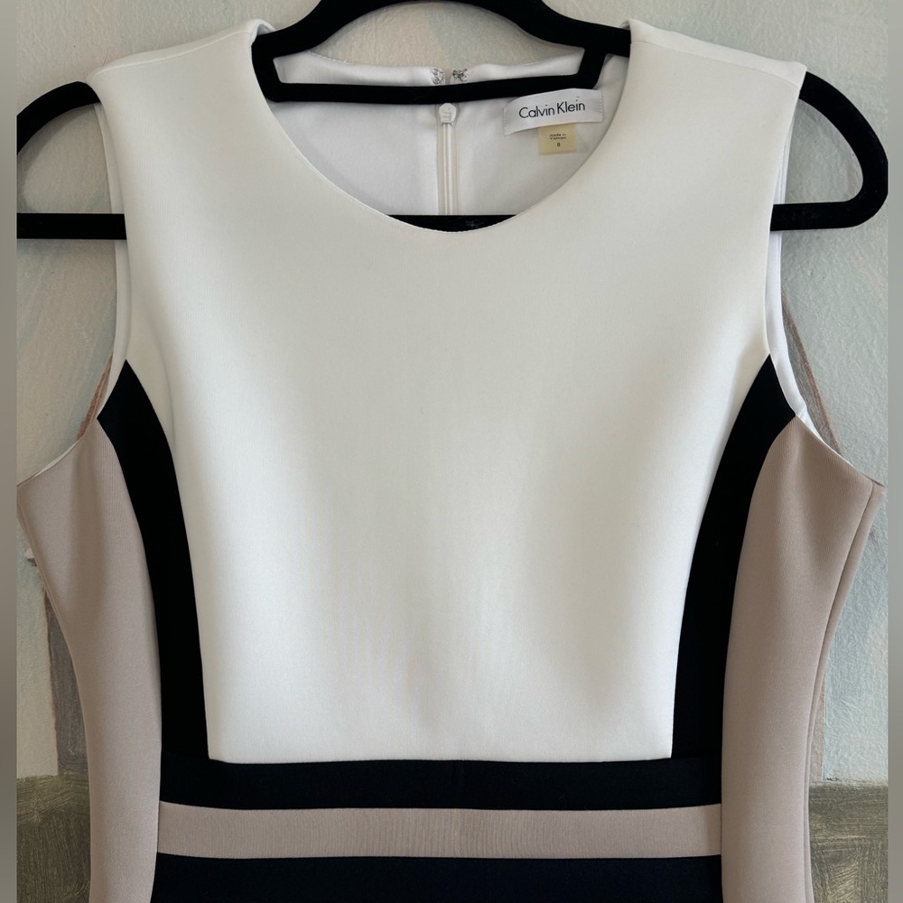 CALVIN KLEIN Scuba Colorblock Sleeveless Sheath Dress Tan Baby Blue Black Size 8 - Picture 2 of 11